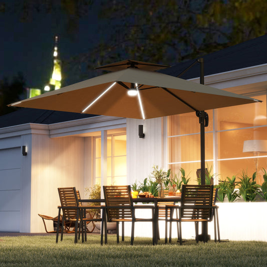 Outsunny 2,5 m parasol wspornikowy z lampami LED zasilanymi energią słoneczną, obrót 360√Ç¬∞, regulacja nachylenia, korba, khaki