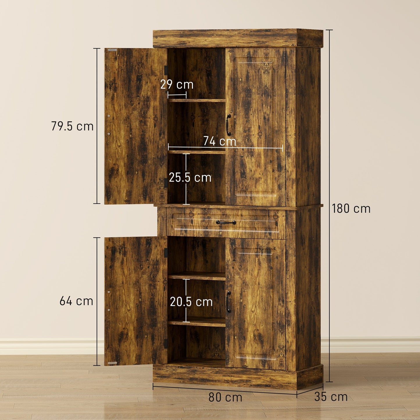 HOMCOM Tall Kitchen Cupboard, Kitchen Pantry Cabinet with Drawer, Shelves, Brown