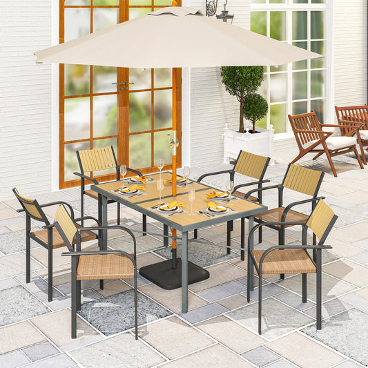 Outsunny Stół ogrodowy dla 6 osób, stół jadalny na zewnątrz z otworem na parasol 5 cm, blat imitujący drewno, rama odporna na rdzę, na patio, balkon, taras, 150 x 90 cm