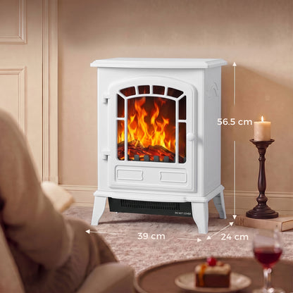 HOMCOM Electric Fireplace Stove, 1000W/2000W, Freestanding Electric Fire with LED Flame Effect, Adjustable Thermostat, White