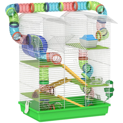 PawHut 5 Tier Hamster Cage Carrier Habitat with Exercise Wheels Tunnel Tube Water Bottle Dishes House Ladder for Dwarf Mice, Green
