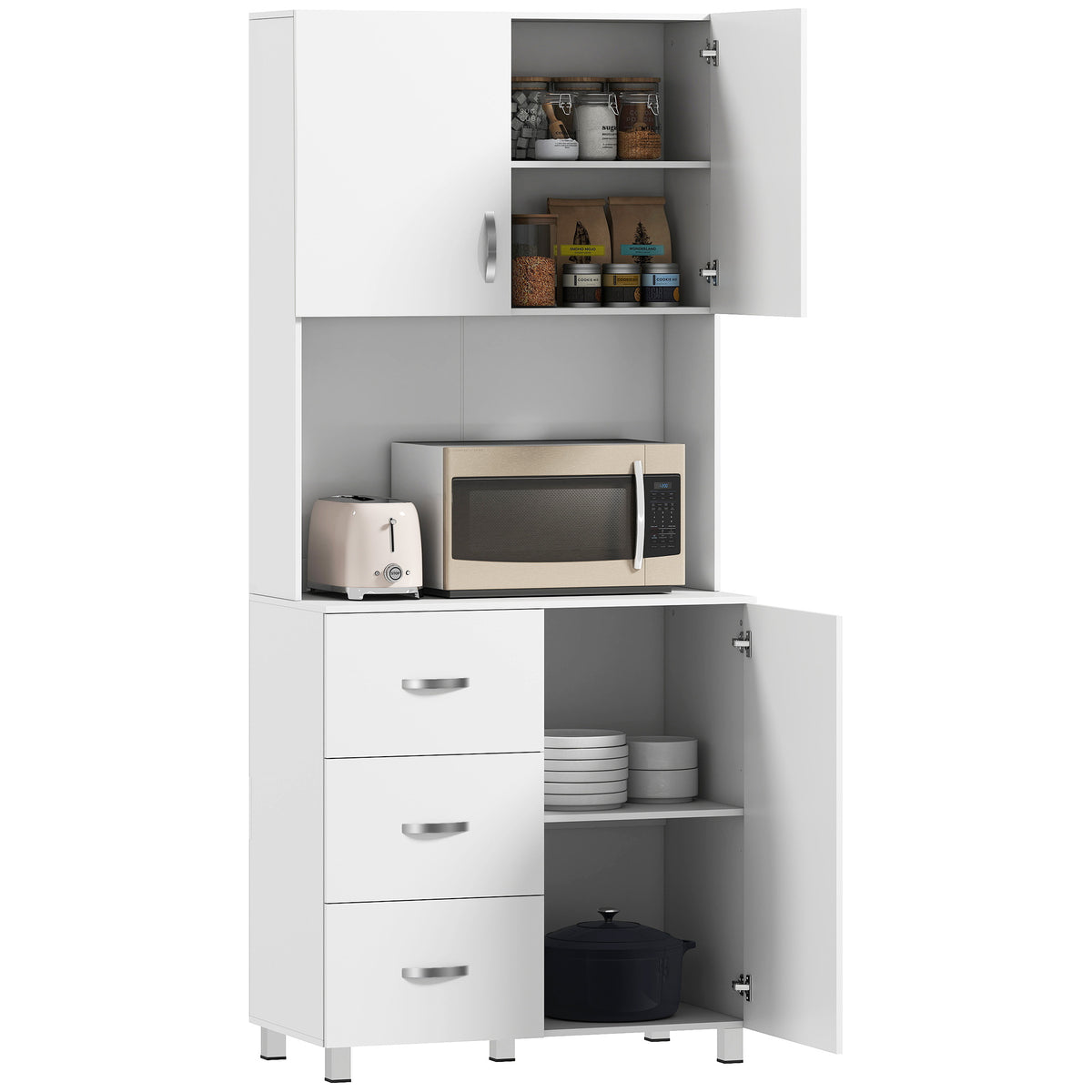 HOMCOM 183.5cm Free standing Kitchen Cupboard, Storage Cabinet with Doors and Sheleves, 3 drawers and Open Space, Adjustable Height Storage Unit, White