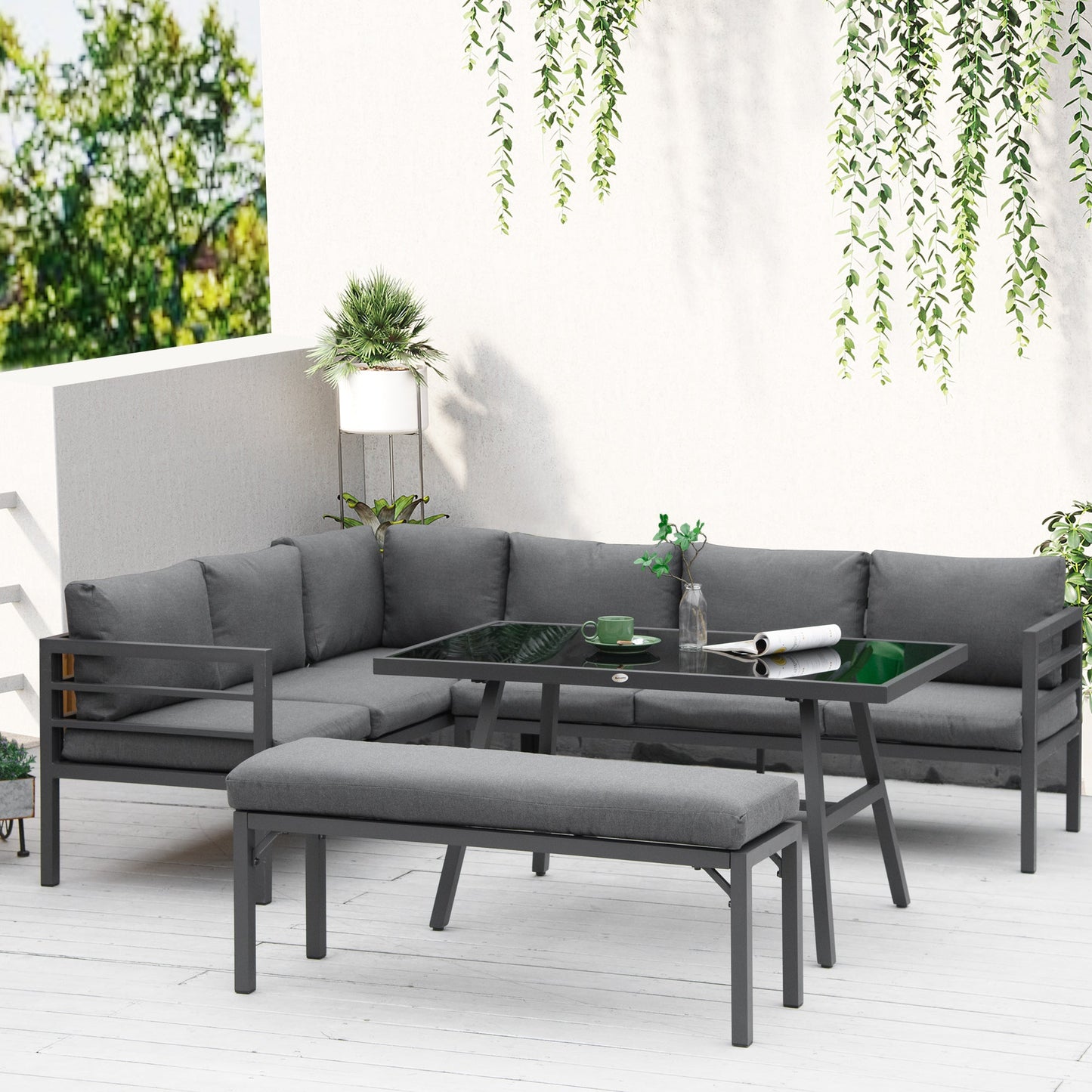 Outsunny 4 Piece L-shaped Garden Furniture Set 8-Seater Aluminium Outdoor Dining Set Conversation Sofa Set w/ Bench, Dining Table & Cushions, Grey