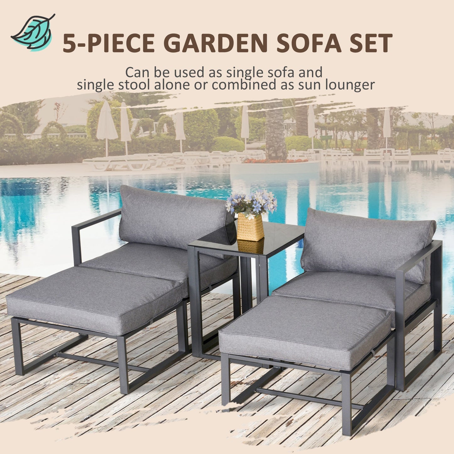 Outsunny 5 Piece Garden Conversation Set Patio Furniture Set Outdoor Sun Lounger 2 Sofas 2 Footstools End Table with Cushions