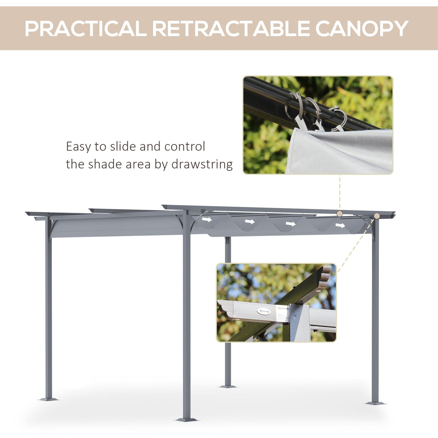 مظلة Outsunny 3.5MX 3.5M معدنية Pergola Gazebo مظلة قابلة للسحب في الهواء الطلق والحديقة ومظلات شمسية ومأوى للحفلات الشواء، رمادي