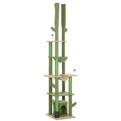 PawHut 225-255cm Adjustable Floor to Ceiling Cat Tree, Tall Cat Tower for Indoor Cats w/ Scratching Posts, Green