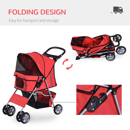 PawHut Dog Stroller with Rain Cover for Small Miniature Dogs, Folding Pet Pram with Cup Holder, Storage Basket, Reflective Strips, Red