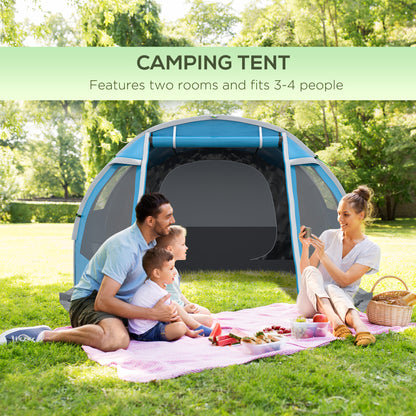 Outsunny 3-4 Man Tunnel Tent, dwupokojowy namiot kempingowy z oknami i pokrowcami, przenośna torba transportowa, do wędkowania, wędrówek, sportu, festiwali - niebieski