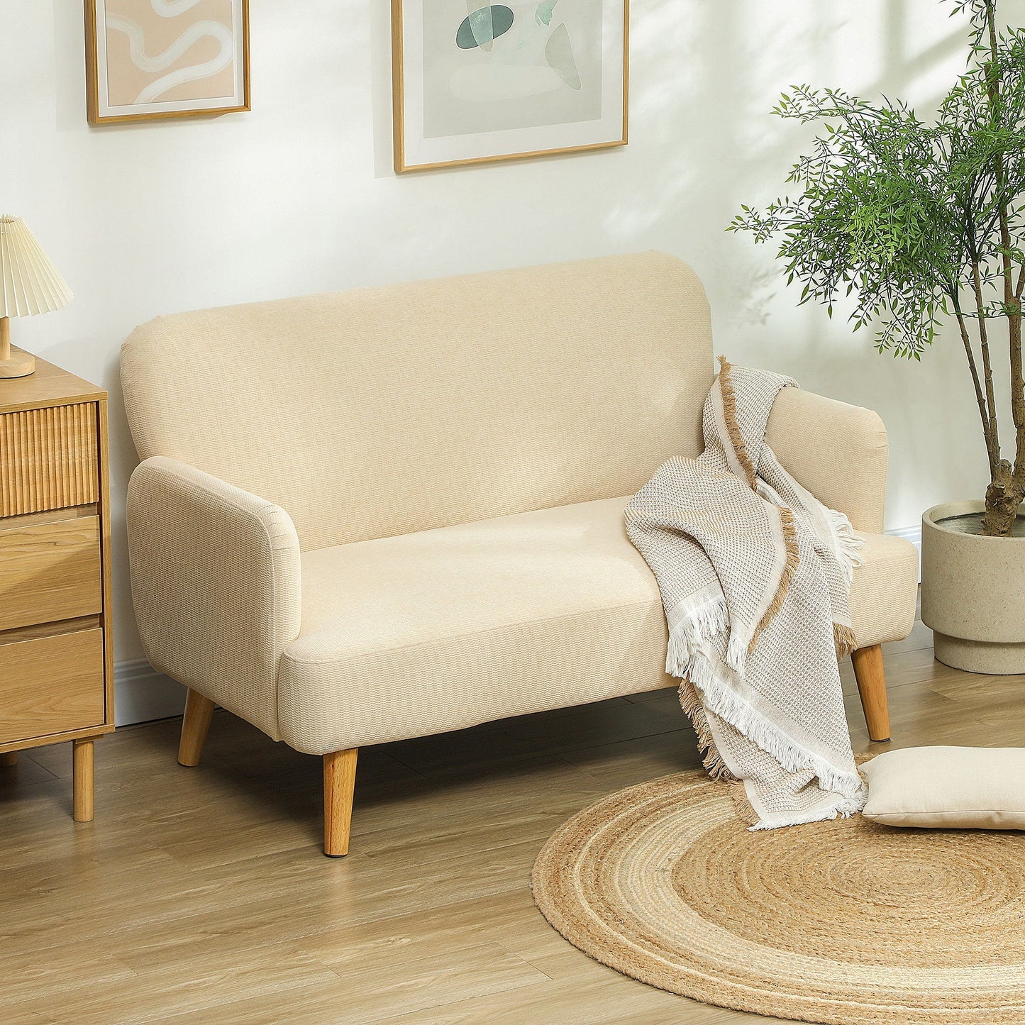 HOMCOM Velvet Feel Fabric 2 Seater Sofa, Small Sofa Loveseat with 21cm Thick Padding and Wood Legs, Cream White
