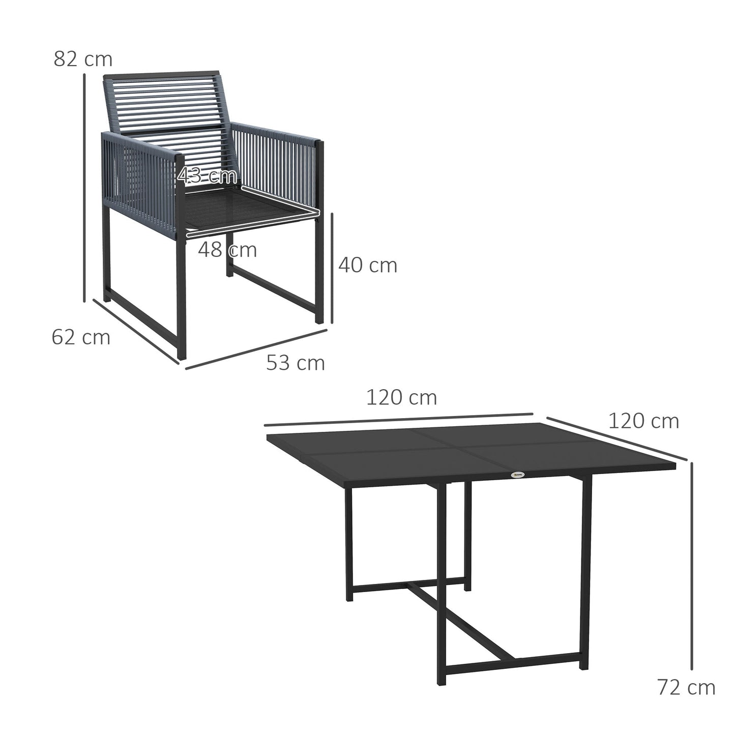 5 Piece Garden Patio Dining Set, Outdoor 4 Seater Table And Chairs With Foldable Backrest, Tempered Glass Top, Handwoven Rope - Dark Grey