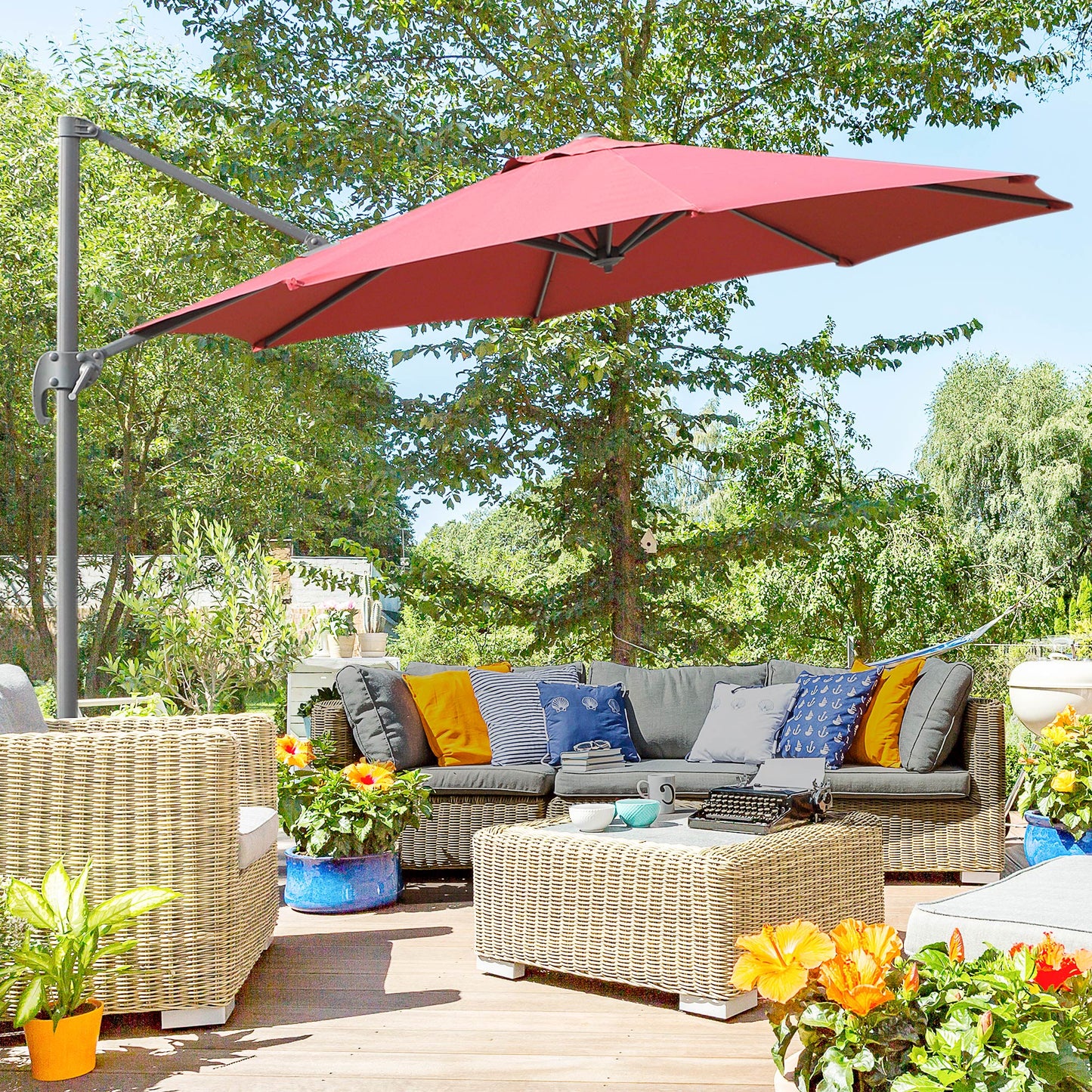 Outsunny Cantilever Roma Parasol Garden Sun Umbrella 360° Rotation w/ Cross Base-Wine Red