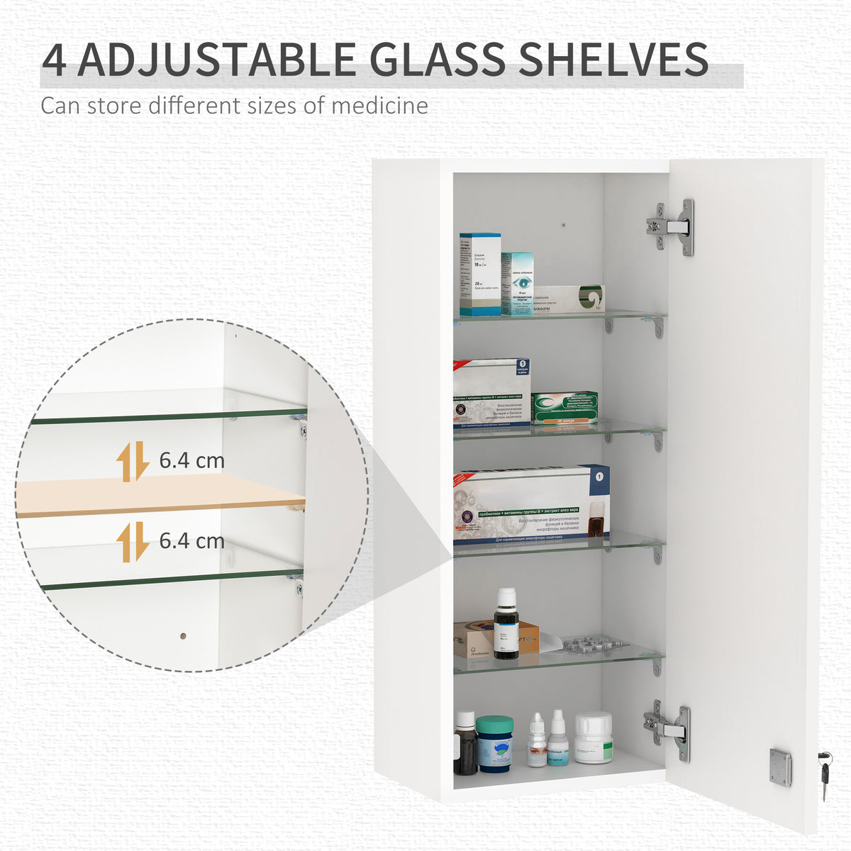 kleankin Wall Mounted Medicine Cabinet, First Aid Cabinet with Adjustable Shelves, Lockable with 2 Keys, White