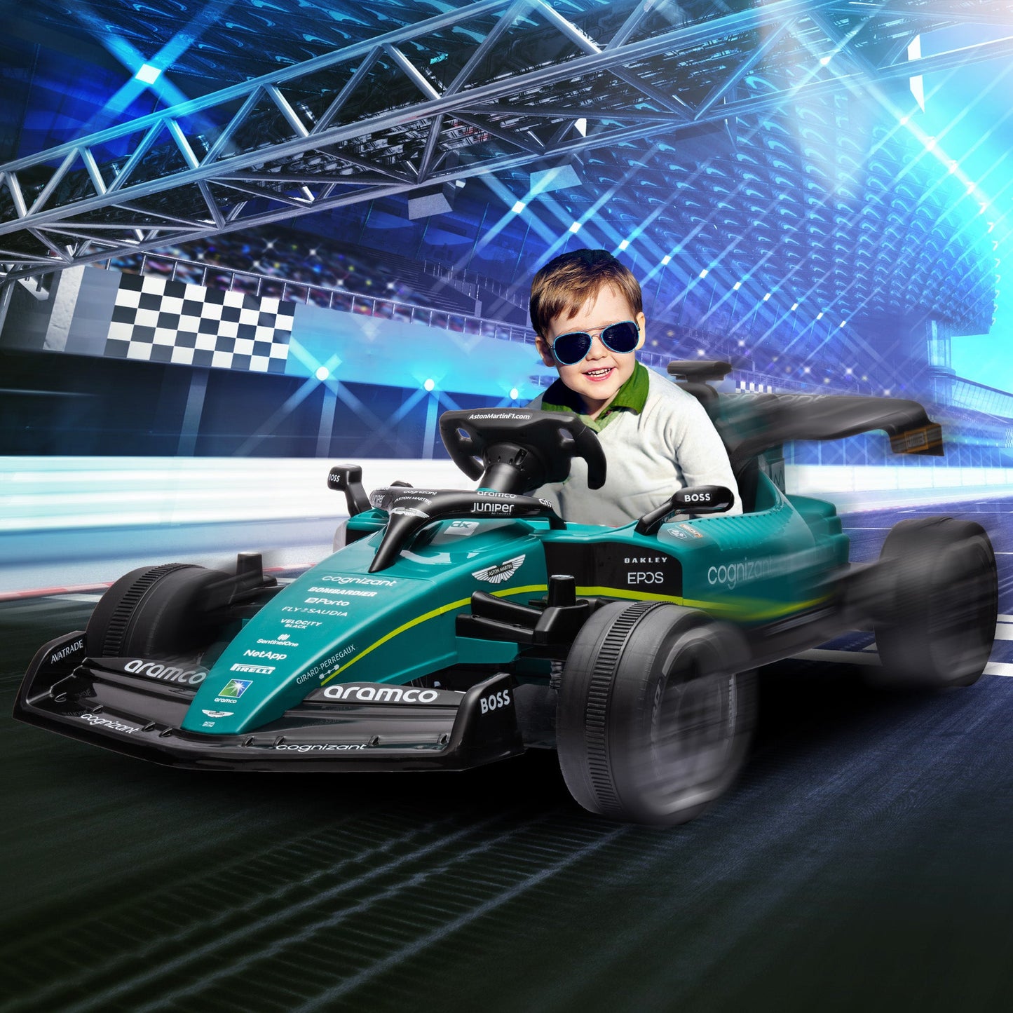 Dziecięcy gokart wyścigowy AIYAPLAY Aston Martin z licencją 12 V, Bluetooth, 4 koła z zawieszeniem, światła muzyczne i klakson, kolor zielony