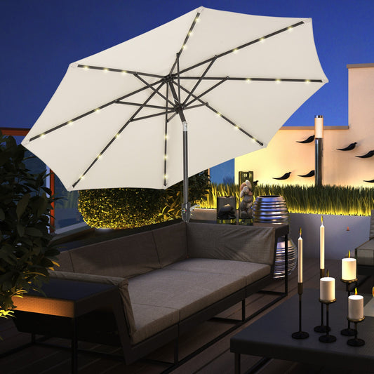 Outsunny 2,7 ​​m Parasol ogrodowy z 24 diodami LED, solarny, uchylny, na patio, klubowy, imprezowy, ręczny, z korbą i 8 żebrami, w kolorze złamanej bieli