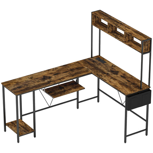 HOMCOM 160cm odwracalne biurko w kształcie litery L z gniazdem elektrycznym, industrialne biurko narożne z półkami do przechowywania i półką na klawiaturę, 240cm długości biurko komputerowe dla 2 osób, rustykalny brąz