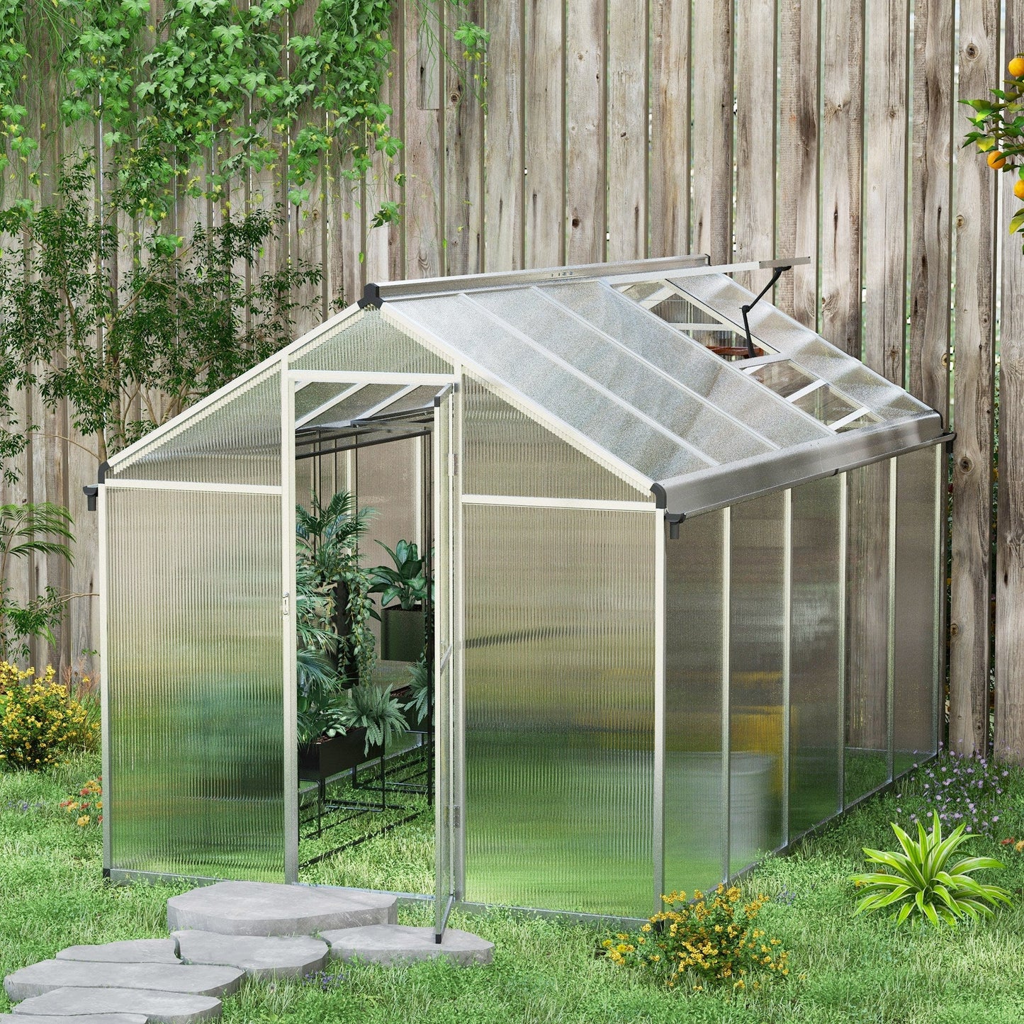 6 x 10ft Polycarbonate Greenhouse With Rain Gutters, Large Walk In With Door and Window, Garden  Grow House With Aluminium Frame and Foundation