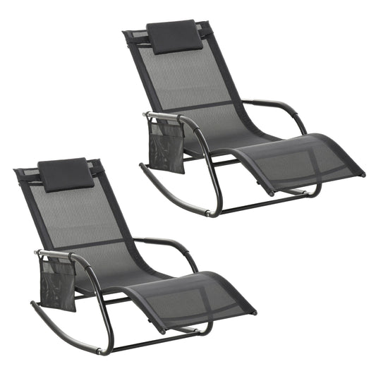 Outsunny 2PCs Outdoor Garden Rocking Chair, Patio Sun Lounger Rocker Chair z oddychającą siateczkową tkaniną, zdejmowana poduszka zagłówka, podłokietnik, boczna torba do przechowywania, czarny