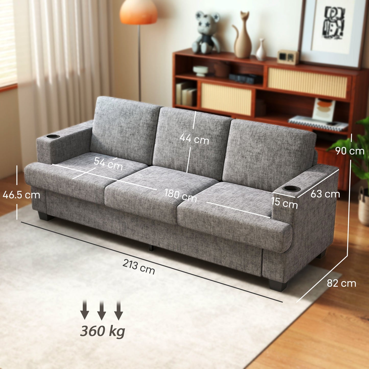 HOMCOM 3 Seater Sofa with USB Ports & Cup Holders - Grey