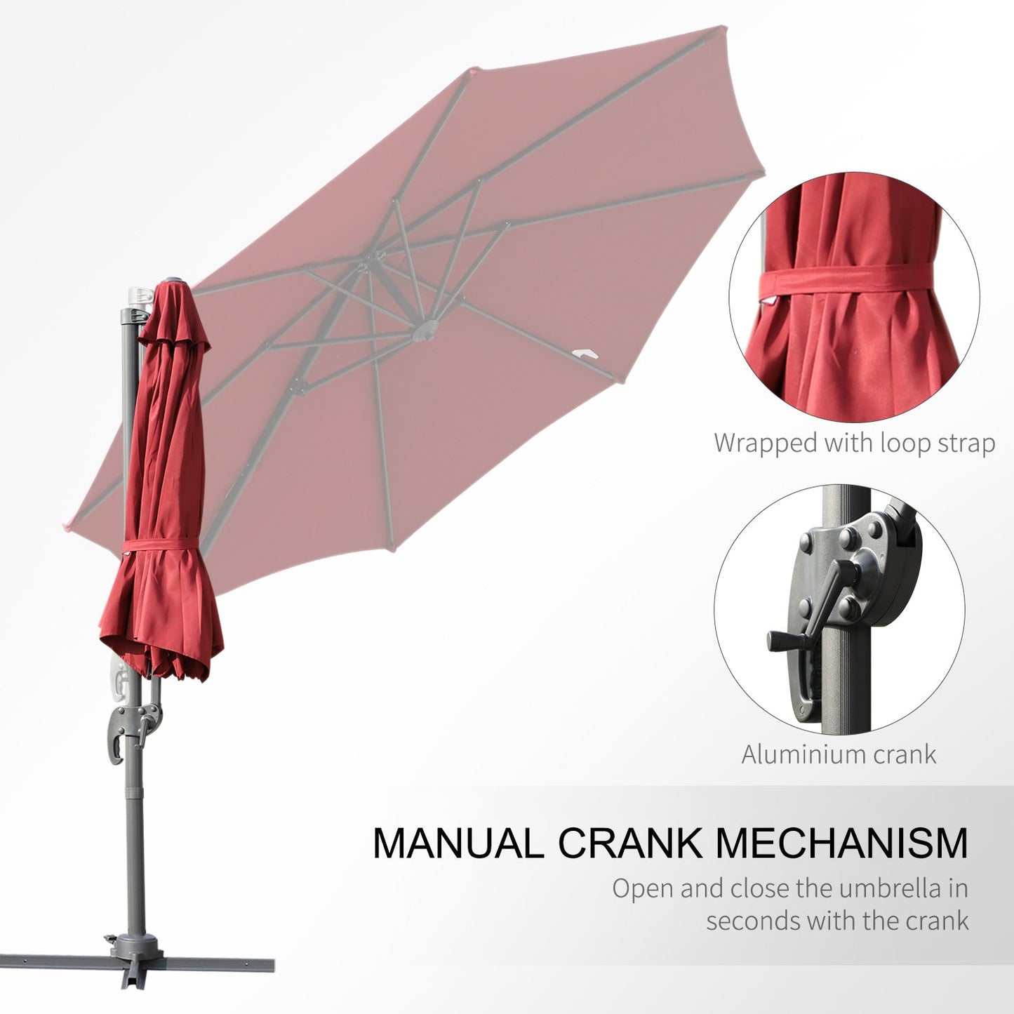 Outsunny Cantilever Roma Parasol Garden Sun Umbrella 360° Rotation w/ Cross Base-Wine Red