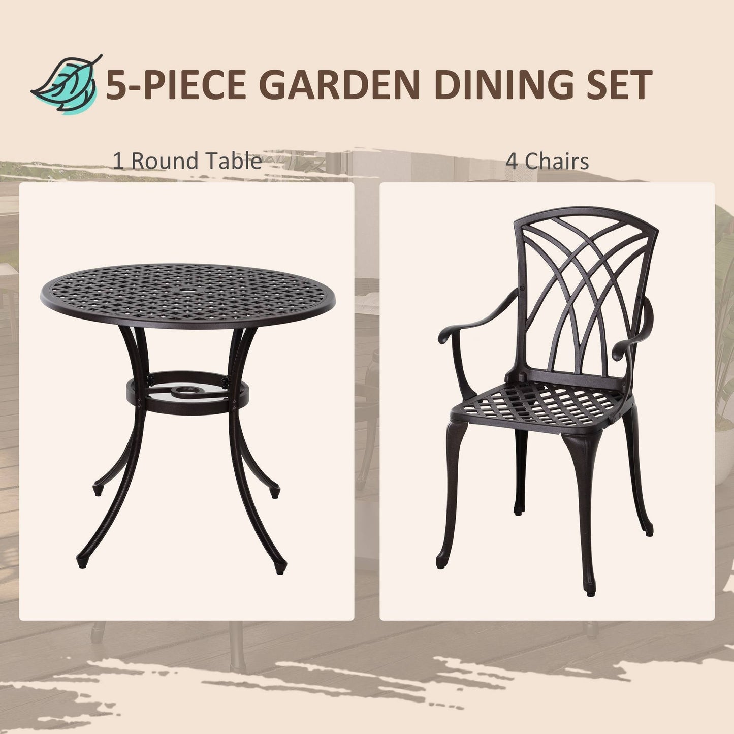 Outsunny 5 Pieces Garden Dining Set for 4, Cast Aluminium Outdoor Dining Set with 4 Armchairs and Round Dining Table with Parasol Hole, Garden Furniture Set, Brown