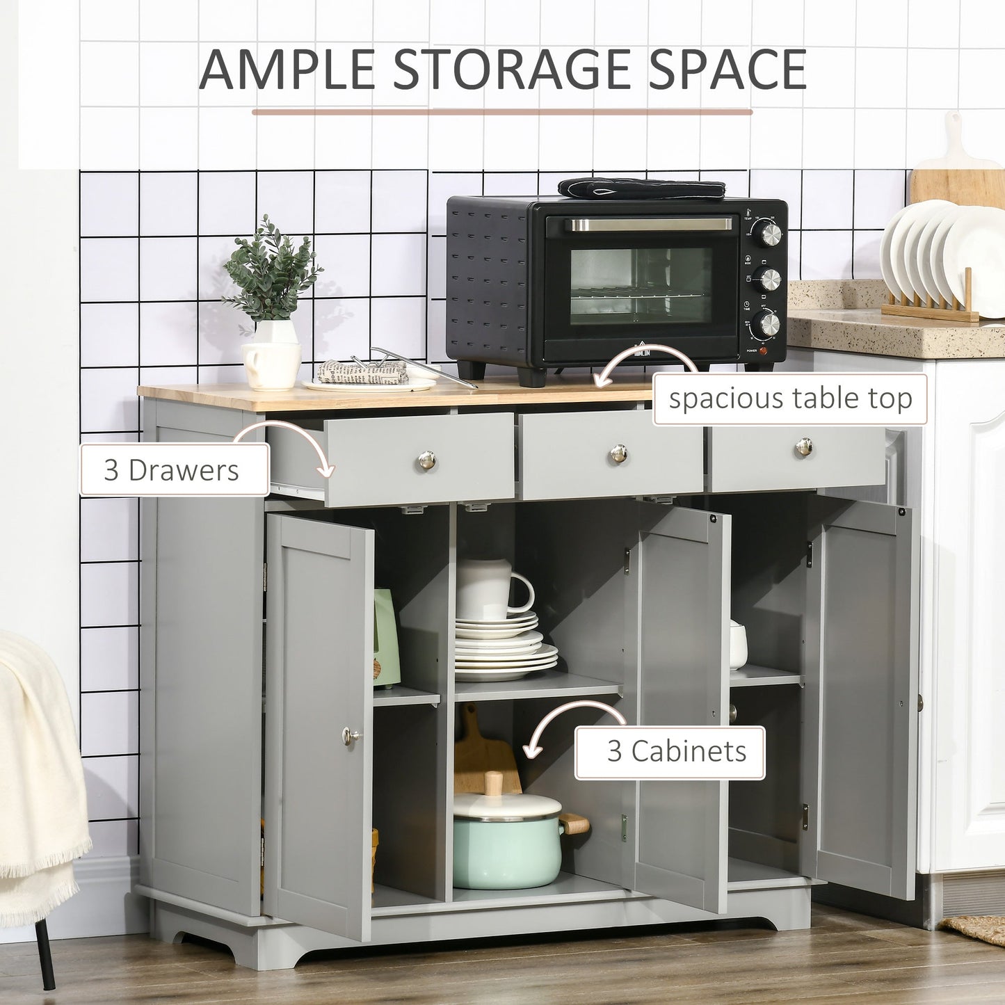 HOMCOM Sideboard with Rubberwood Top and Adjustable Shelves for Dining Room, Kitchen - Grey
