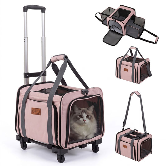 Rolling Cat Carrier with Wheels and Telescopic Handle in Pink