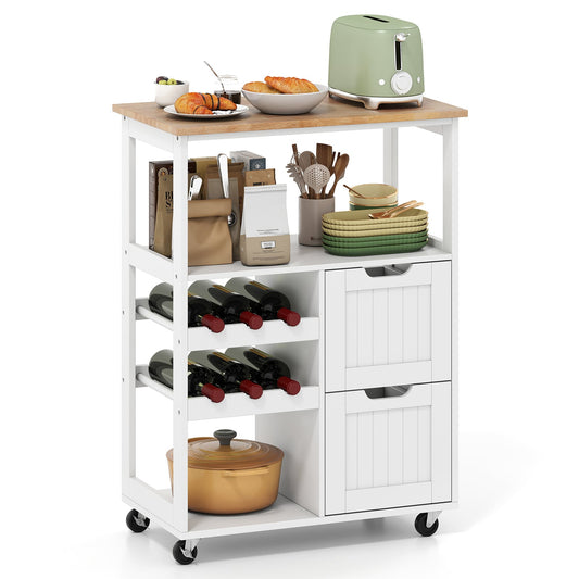 Rolling Kitchen Island Cart Solid Rubber Wood Top Serving Trolley in White