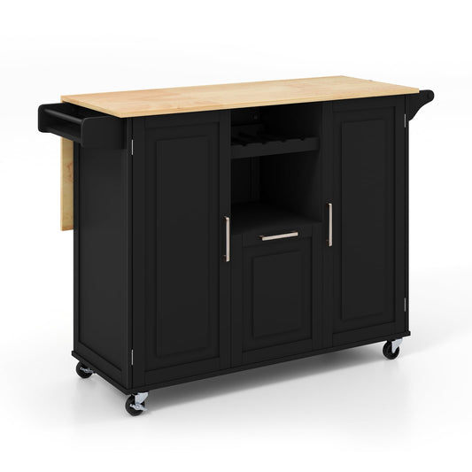 Rolling Kitchen Island Cart with Drop-Leaf Countertop in Black