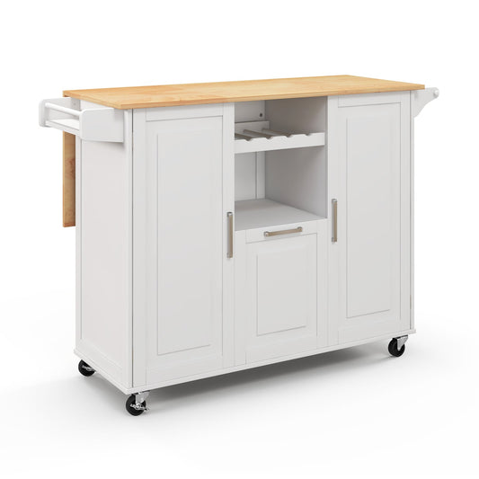 Rolling Kitchen Island Cart with Drop-Leaf Countertop in White