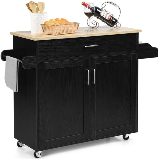 Rolling Kitchen Storage Trolley with Adjustable Shelf and Drawer in Black