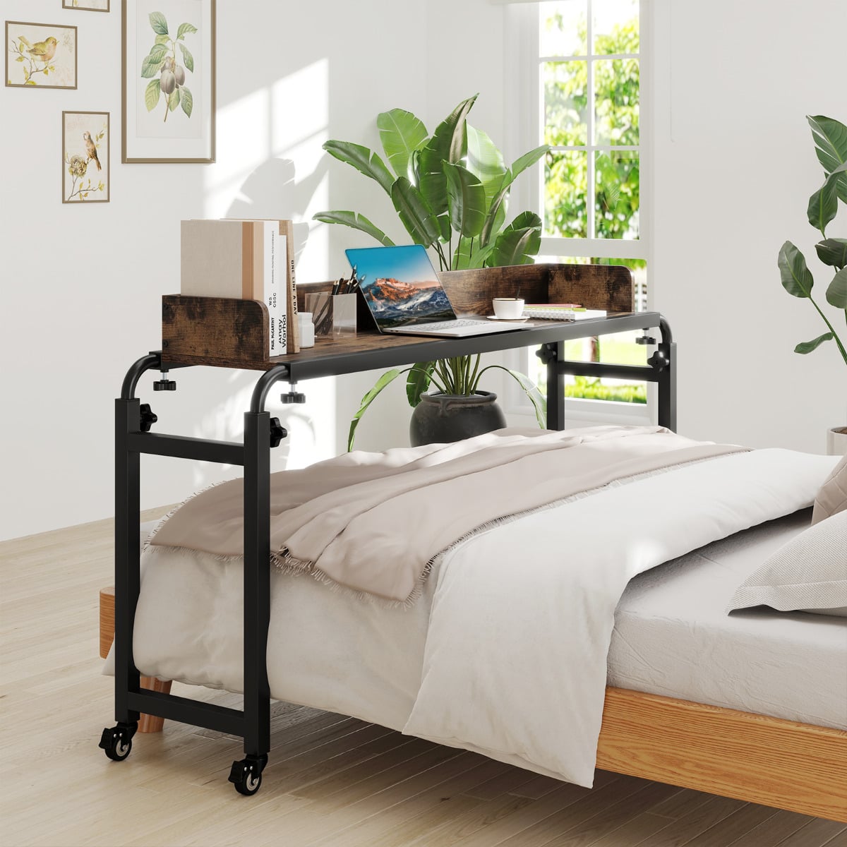 Rolling Computer Desk with Wheels and Metal Frame-Rustic Brown