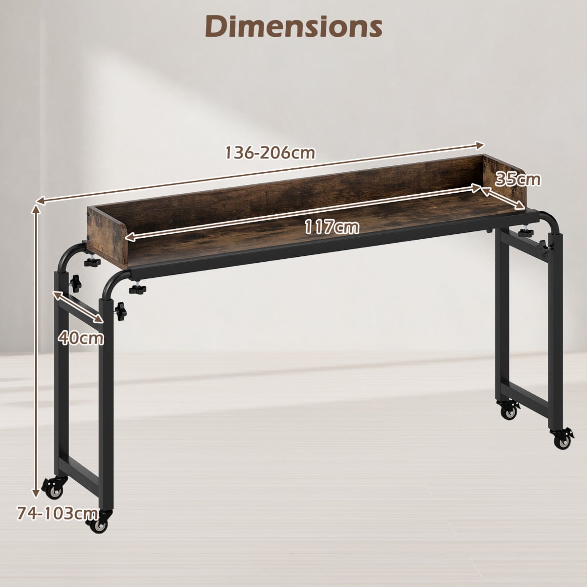 Rolling Computer Desk with Wheels and Metal Frame-Rustic Brown