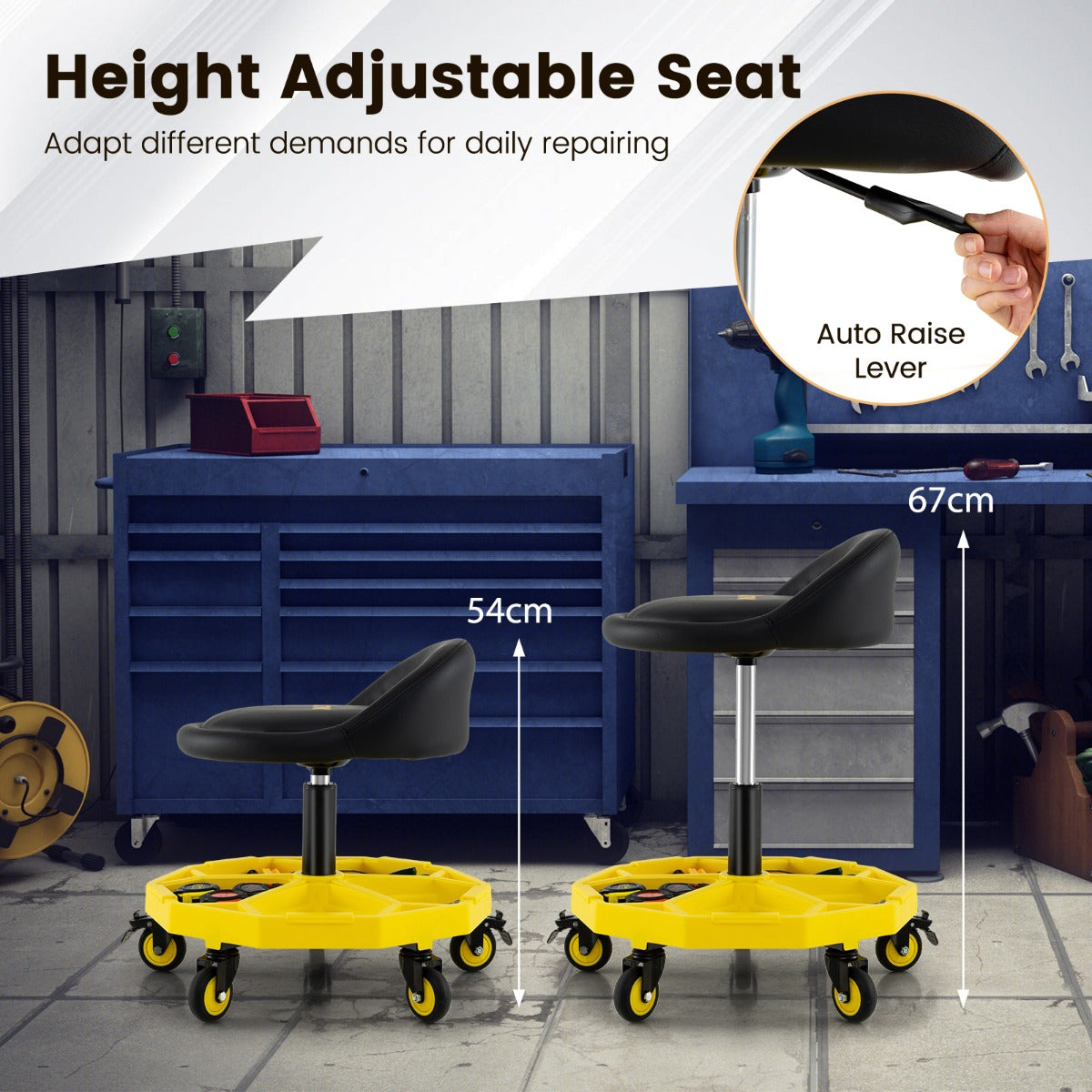54-67 CM Height Adjustable Rolling Garage Stool with Tool Tray Storage-Yellow