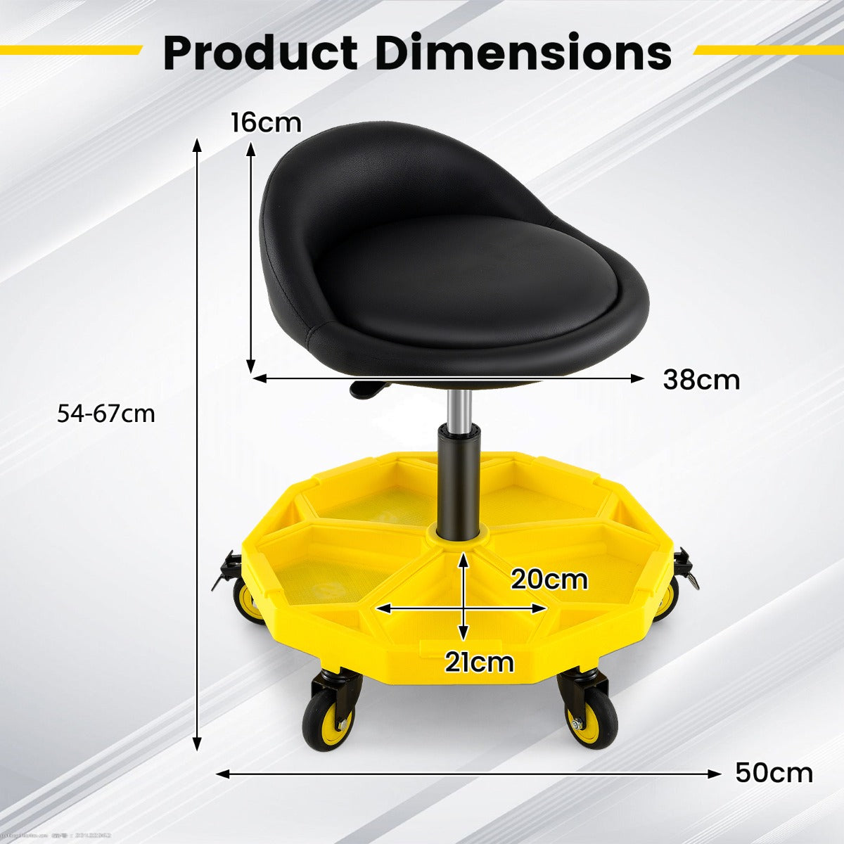 54-67 CM Height Adjustable Rolling Garage Stool with Tool Tray Storage-Yellow