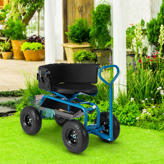 Rolling Garden Cart with Adjustable Height and Tool Tray-Blue