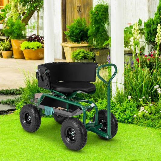 Rolling Garden Cart Scooter with Tray Storage Basket Tool Pouch Seat Cushion-Green