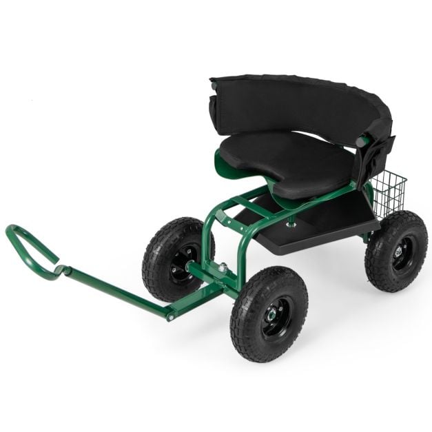 Rolling Garden Cart Scooter with Tray Storage Basket Tool Pouch Seat Cushion-Green