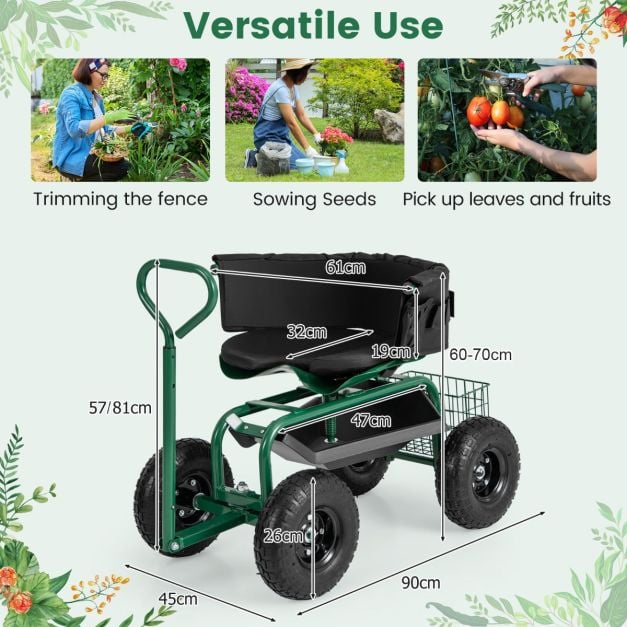 Rolling Garden Cart Scooter with Tray Storage Basket Tool Pouch Seat Cushion-Green