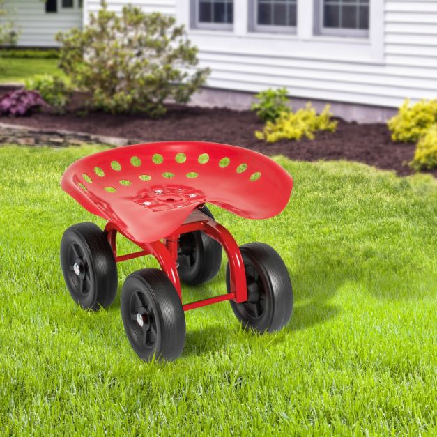 Garden Cart with Height Adjustable and Swivel Seat-Red