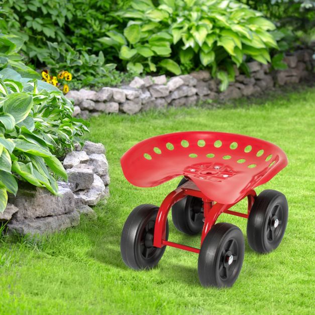 Garden Cart with Height Adjustable and Swivel Seat-Red