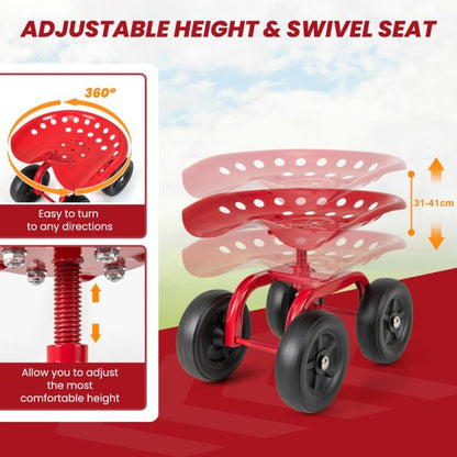 Garden Cart with Height Adjustable and Swivel Seat-Red