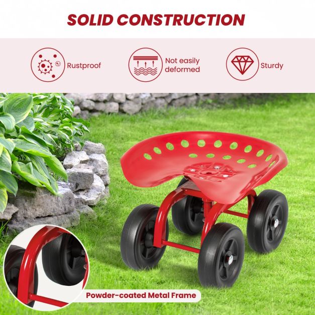 Garden Cart with Height Adjustable and Swivel Seat-Red