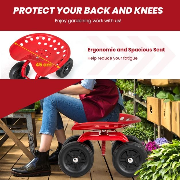 Garden Cart with Height Adjustable and Swivel Seat-Red