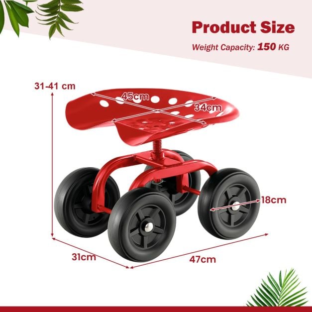 Garden Cart with Height Adjustable and Swivel Seat-Red
