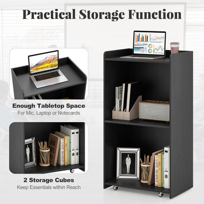 Rolling Lectern Stand with 2 Storage Shelves and 4 Universal Casters-Black