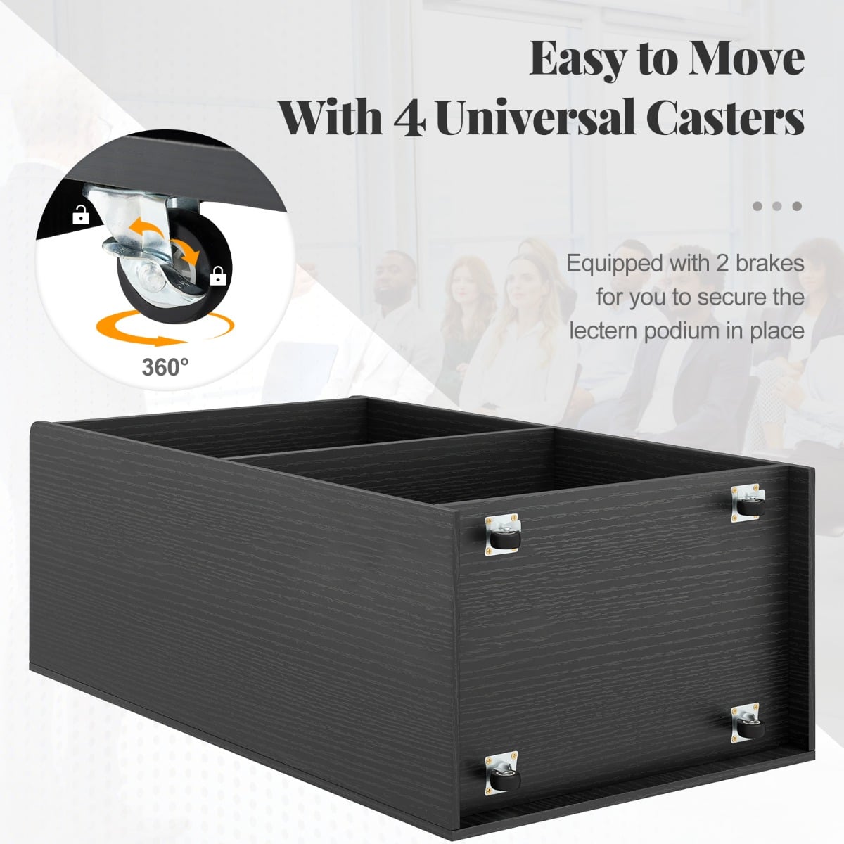 Rolling Lectern Stand with 2 Storage Shelves and 4 Universal Casters-Black