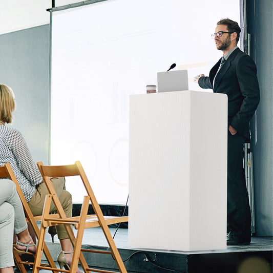 Rolling Lectern Stand with 2 Storage Shelves and 4 Universal Casters-White