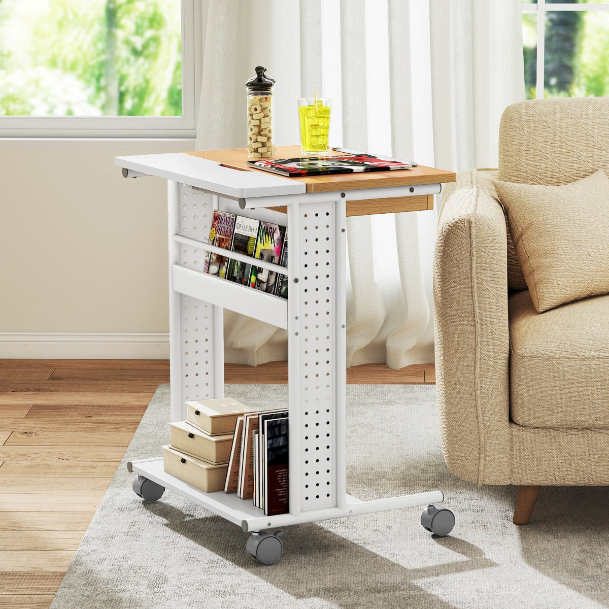 Rolling Portable Desk Laptop Desk C-Shaped Computer Cart-Natural