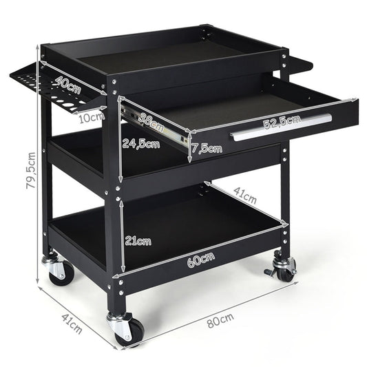 3-Tray Rolling Utility Cart with Drawer and Wheels for Garage and Warehouse-Black