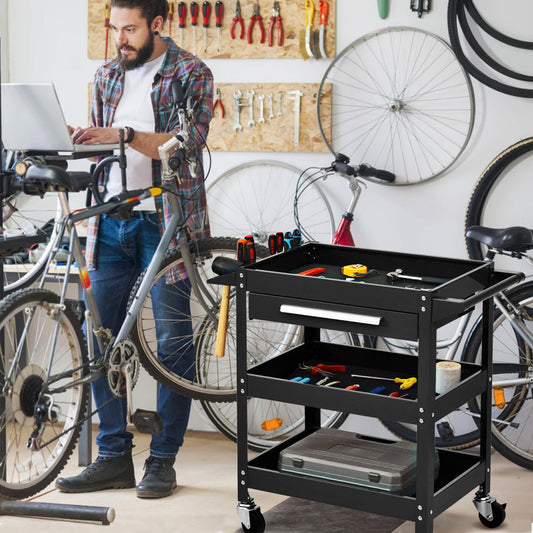 3-Tray Rolling Utility Cart with Drawer and Wheels for Garage and Warehouse-Black